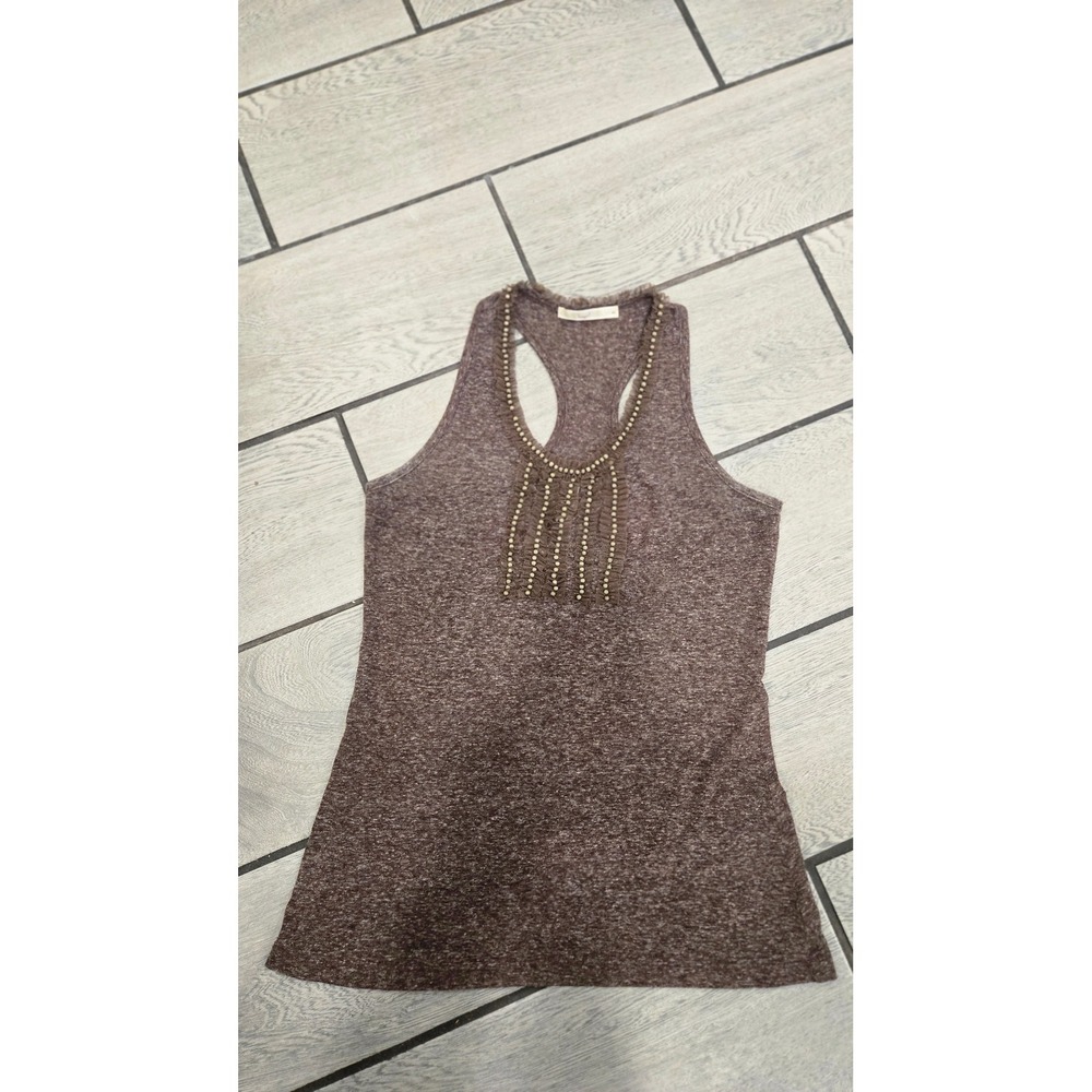 Hazel Brown Space Dye Beaded Bib Racerback Tank‎ Top Mesh Ruffle Trim Medium